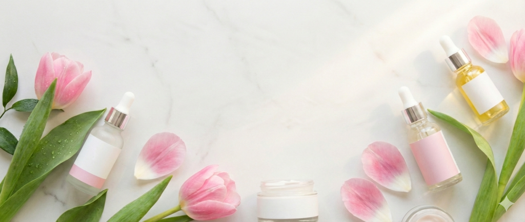 Flat lay photography of natural skincare serum dropper bottles and a cream jar surrounded by fresh pink tulips, scattered petals, and dewy green leaves on a white marble background.